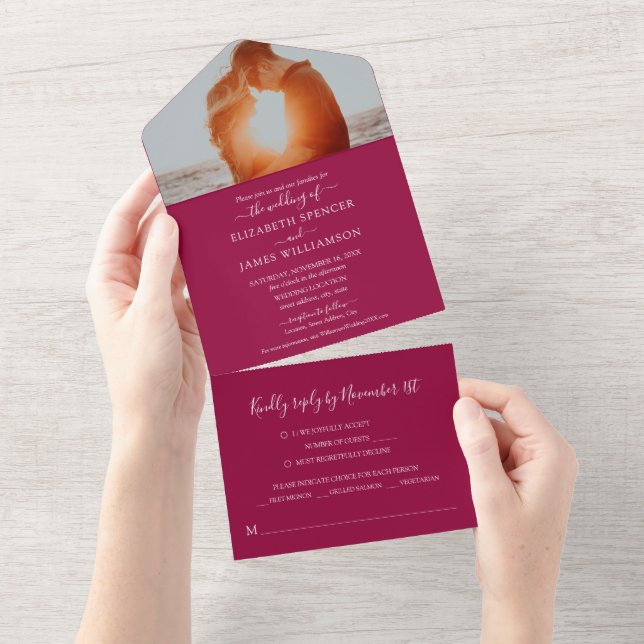 Simple Elegant Photo Wedding RSVP Cranberry All In One Invitation (Tearaway)