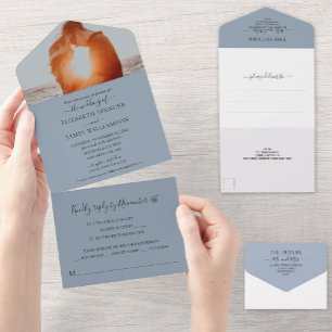Simple Elegant Photo Wedding RSVP Dusty Blue All In One Invitation