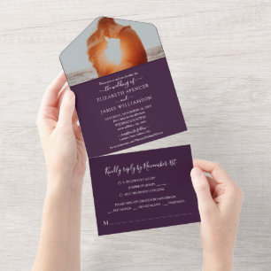 Simple Elegant Photo Wedding RSVP Purple All In One Invitation