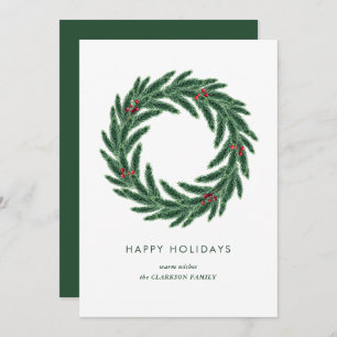 Simple Elegant Pine Holly Wreath Christmas Holiday Card