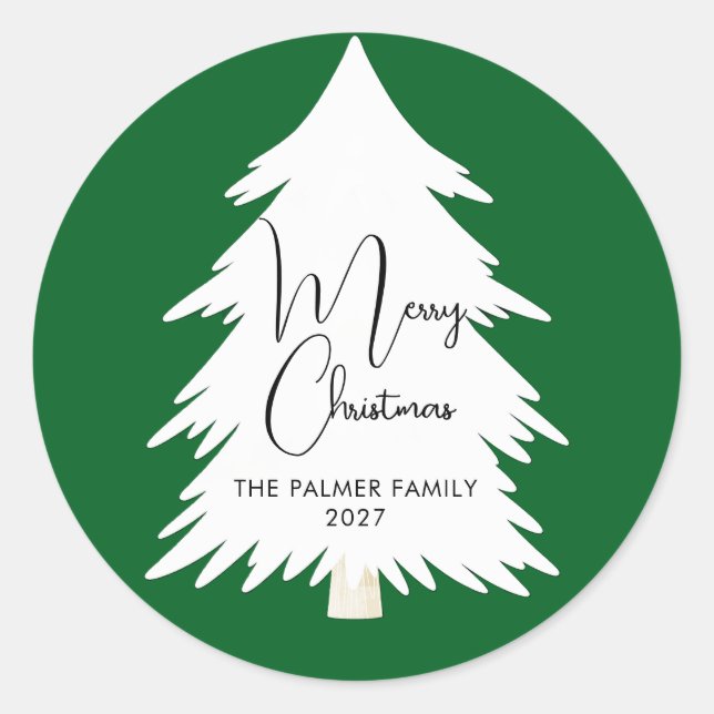 Simple Elegant Pine Tree Script Merry Christmas Classic Round Sticker (Front)
