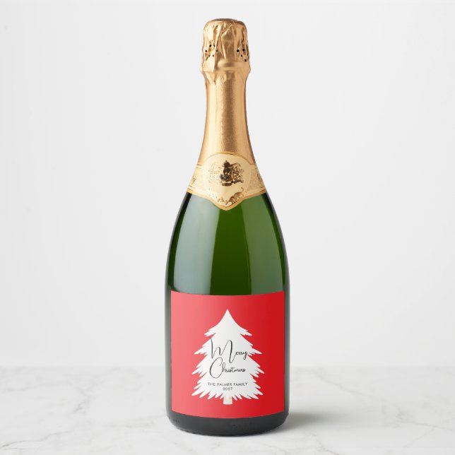 Simple Elegant Pine Tree Script Merry Christmas Sparkling Wine Label (Front)
