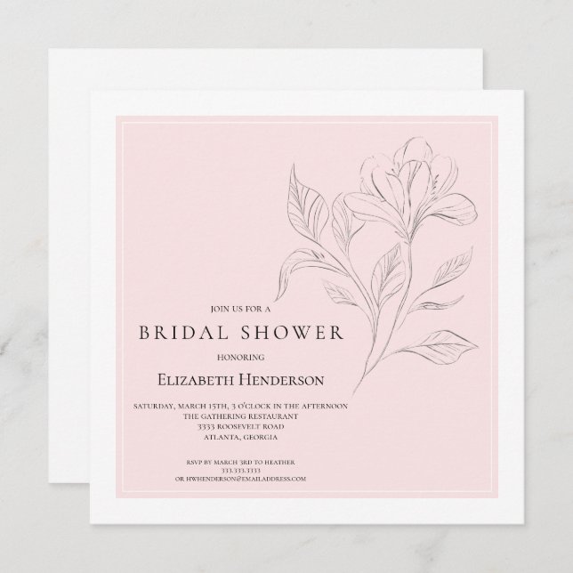 Simple Elegant Pink Black White Bridal Shower Invitation (Front/Back)
