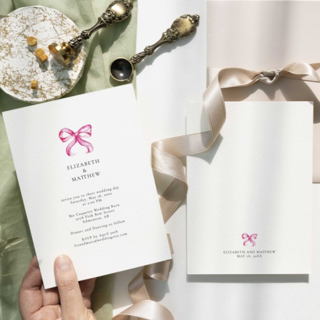 Simple Elegant Pink Bow Coquette Wedding Invitation (Creator Uploaded)