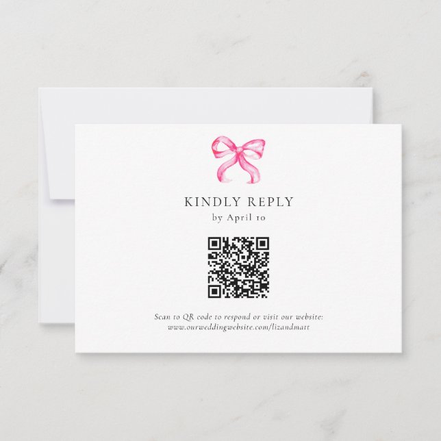 Simple Elegant Pink Bow Coquette Wedding QR Code RSVP Card (Front)