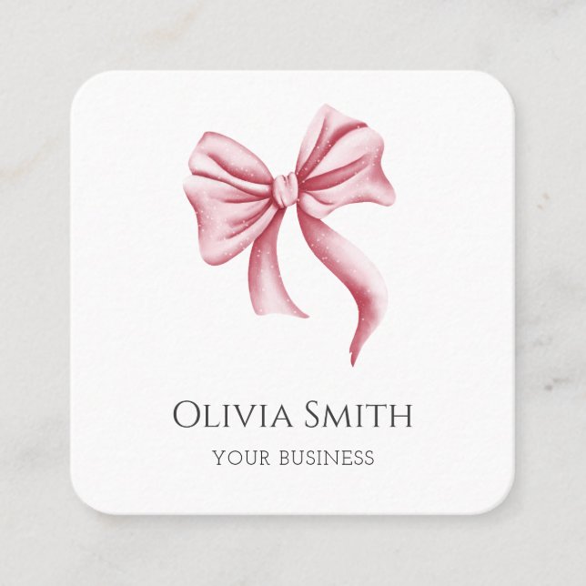 Simple Elegant Pink Bow QR Code Square Business Card (Front)