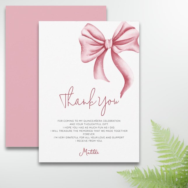 Simple Elegant Pink Bow Quinceanera Thank You Card (Creator Uploaded)