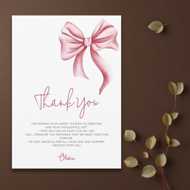 Simple Elegant Pink Bow Sweet Sixteen Thank You Card (Creator Uploaded)