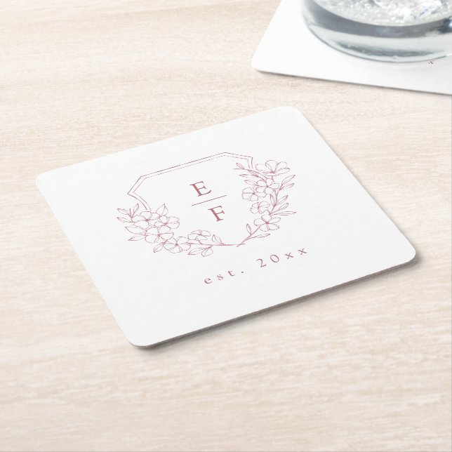 Simple Elegant Pink Cherry Blossom Monogram Crest  Square Paper Coaster (Angled)