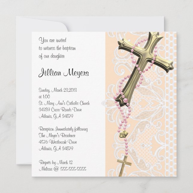 Simple Elegant Pink Cross Baptism/Christening Invitation (Front)