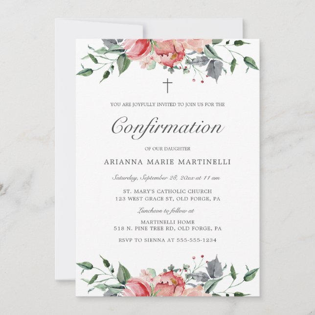 Simple Elegant Pink Floral Confirmation for Girls Invitation (Front)