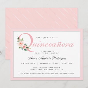 Simple Elegant Pink Floral Quinceanera Birthday Invitation
