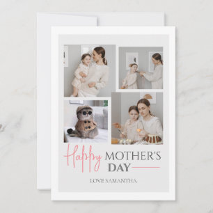 Simple Elegant Pink Four photo Happy mothers Day  Holiday Card