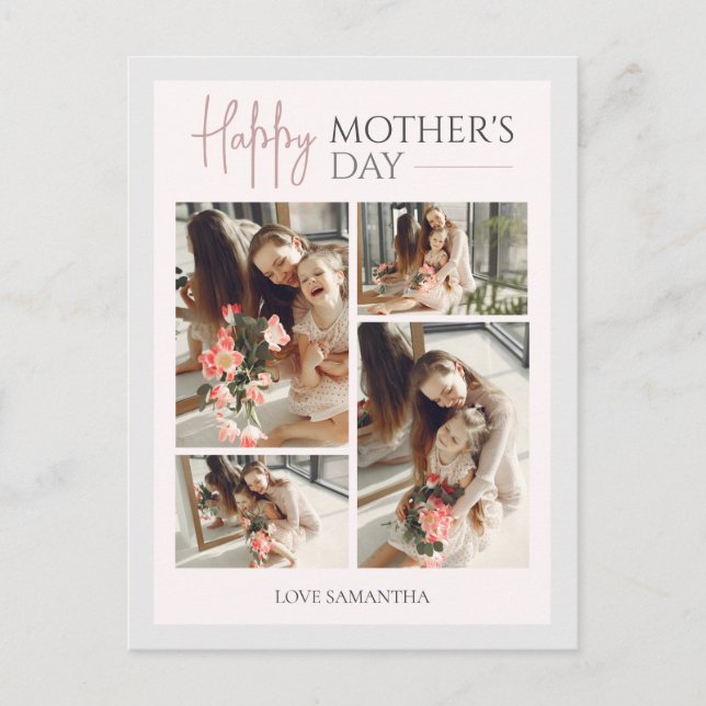 Simple Elegant Pink Four photo Happy mothers Day  Holiday Postcard (Front)