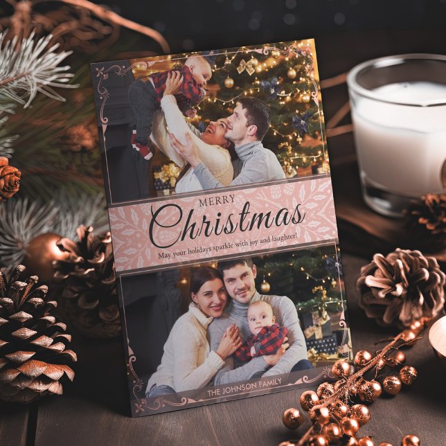 Simple Elegant Pink Frame 2 Photo Christmas Holiday Card (Creator Uploaded)