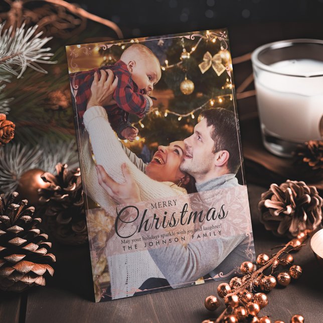 Simple Elegant Pink Frame Photo Christmas Holiday Card (Creator Uploaded)