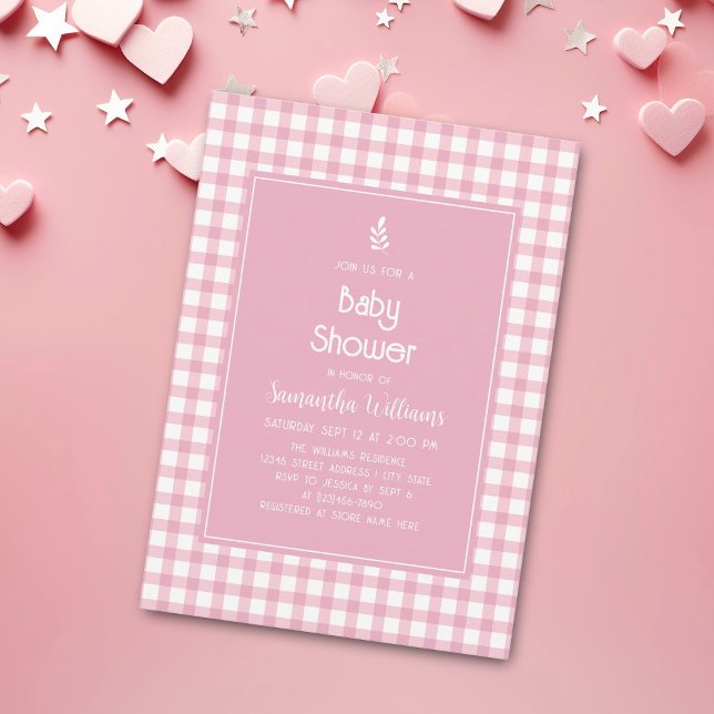 Simple Elegant Pink Gingham Plaid Girl Baby Shower Invitation (Creator Uploaded)