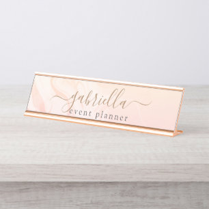Simple Elegant Pink Peach Marble signature script Desk Name Plate