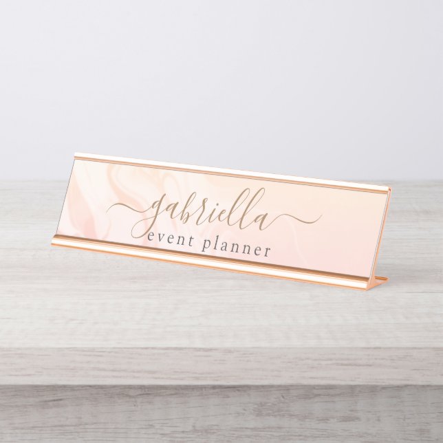 Simple Elegant Pink Peach Marble signature script Desk Name Plate (Front)