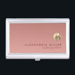 Simple Elegant Pink Rose Gold Monogram Business Card Holder<br><div class="desc">Simple elegant monogrammed design with brushed metallic gold monogram medallion with personalised name and title or custom text below on a gradient background in shades of pink rose gold. Personalise for your custom use.</div>