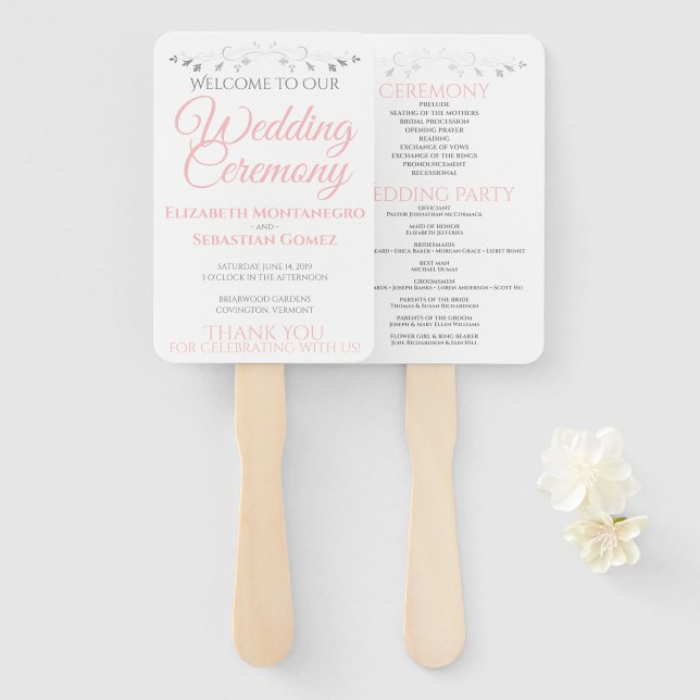 Simple Elegant Pink White & Grey Wedding Program Hand Fan (Front and Back)