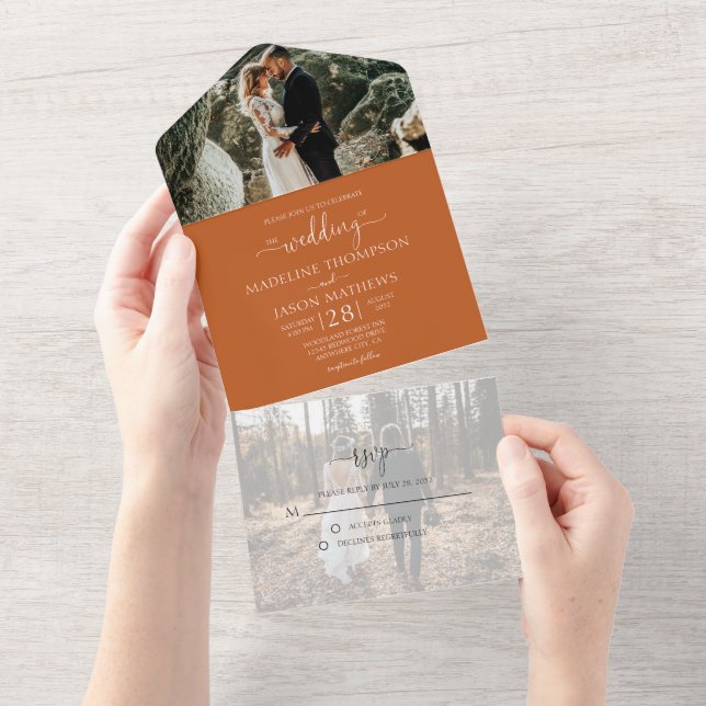 Simple Elegant Plain Terracotta Photo Wedding All In One Invitation (Tearaway)