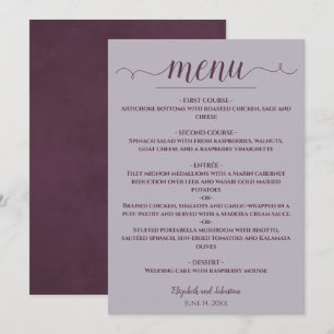 Simple Elegant Plum on Dusty Lavender Wedding Menu