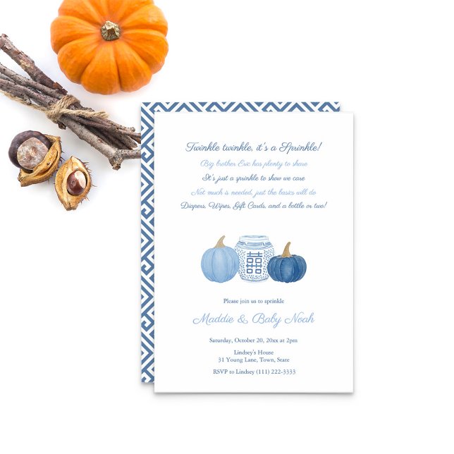 Simple Elegant Pumpkins Boy Baby Sprinkle Party Invitation (Light Blue And Dark Blue watercolor pumpkins ginger jar Baby Sprinkle Party Invitation)