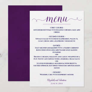Simple Elegant Purple & Navy Blue on White Wedding Menu