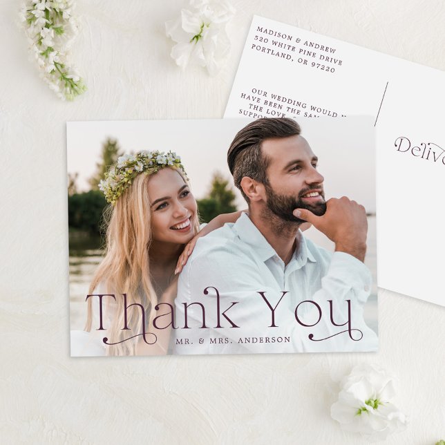Simple Elegant Purple Photo Wedding Thank You Postcard (Creator Uploaded)