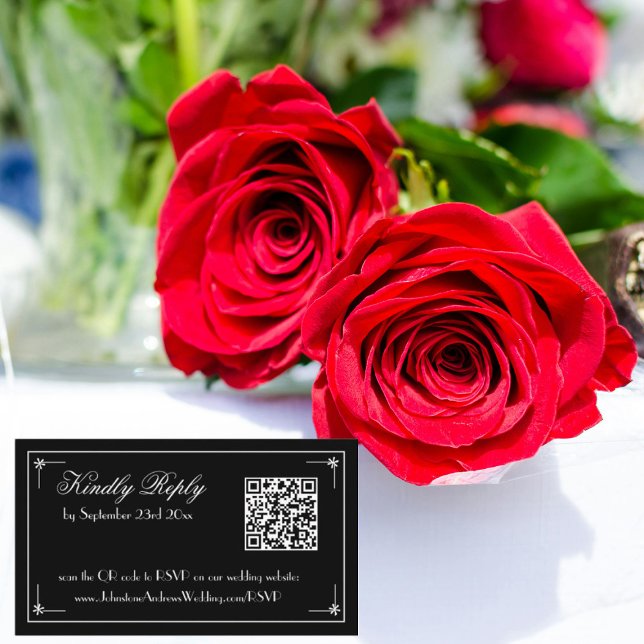 Simple Elegant QR Code Chic B & W Wedding RSVP Enclosure Card (Simple elegant QR code, chic script, black and white wedding RSVP enclosure cards.)
