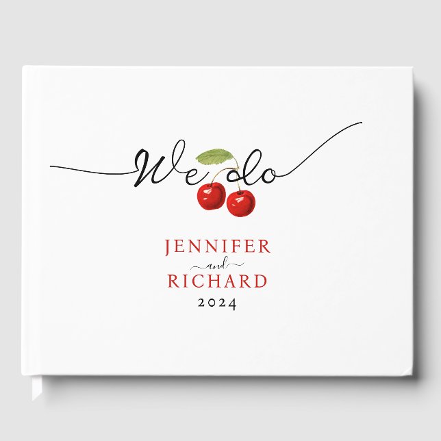 Simple Elegant Red And White Cute Cherries Wedding Guest Book (Front)