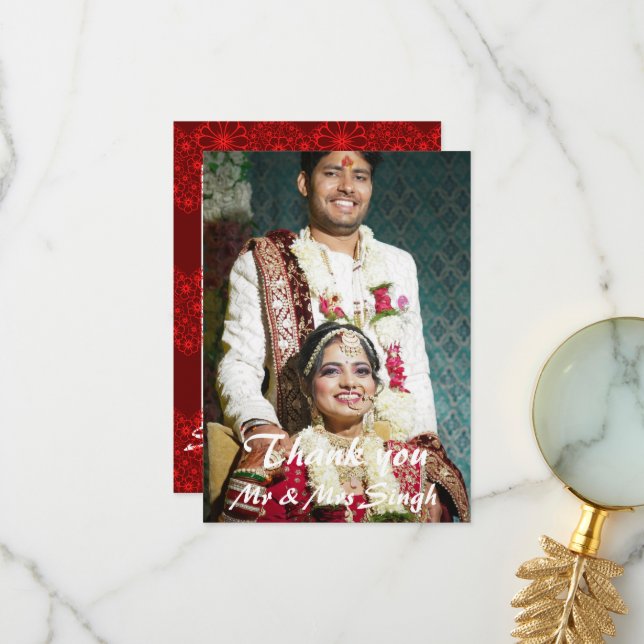 Simple elegant red and white indian wedding thank you card (Front/Back In Situ)