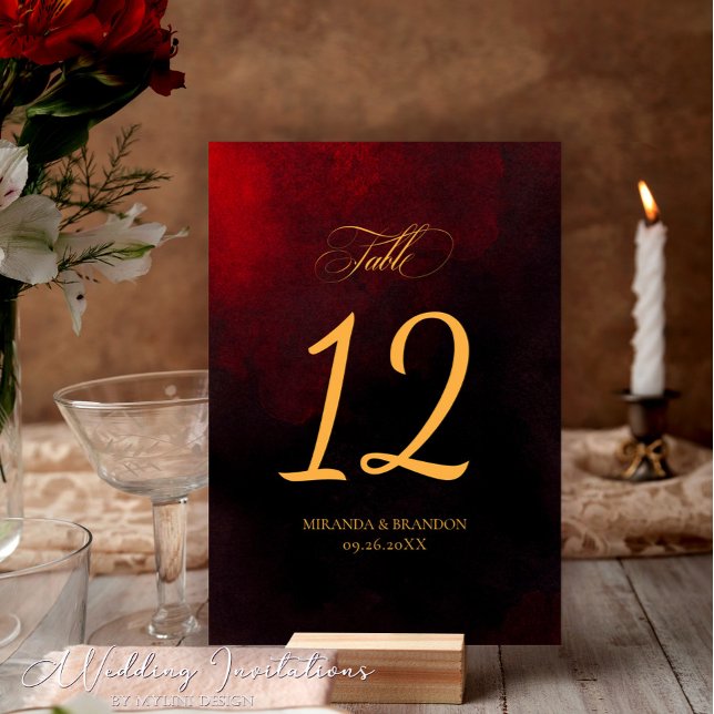 Simple Elegant Red Black Gold Calligraphy Wedding Table Number (Creator Uploaded)