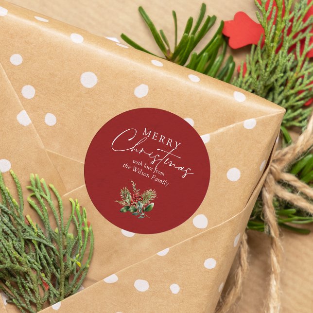 Simple Elegant Red Christmas Greenery Classic Round Sticker (Creator Uploaded)