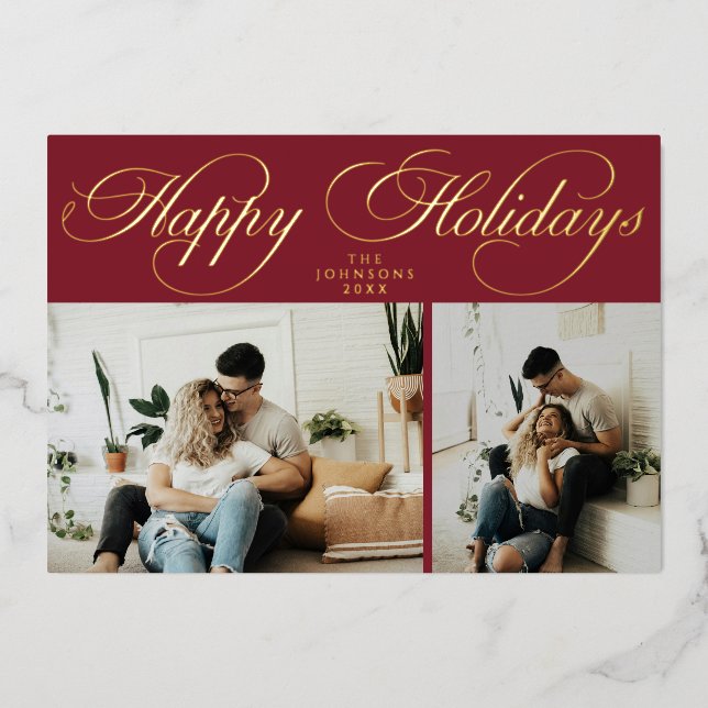 Simple Elegant Red Family Photo Collage Christmas Foil Holiday Card (Front)