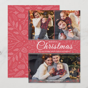Simple Elegant Red Frame 3 Photo Christmas Holiday Card