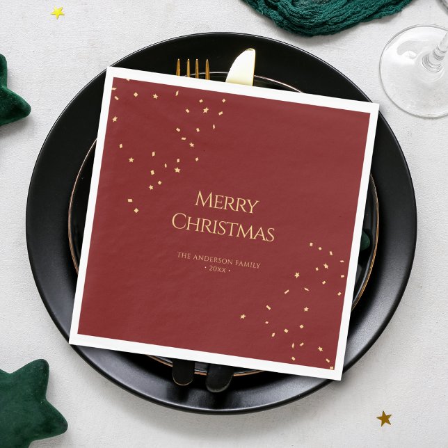 Simple Elegant Red & Gold Confetti Merry Christmas Napkin (Creator Uploaded)