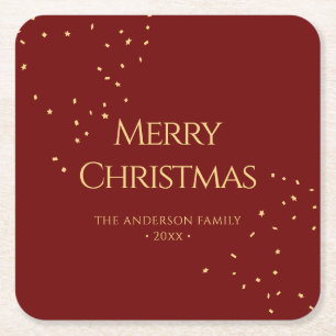 Simple Elegant Red & Gold Confetti Merry Christmas Square Paper Coaster