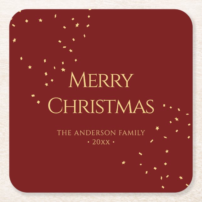 Simple Elegant Red & Gold Confetti Merry Christmas Square Paper Coaster (Front)