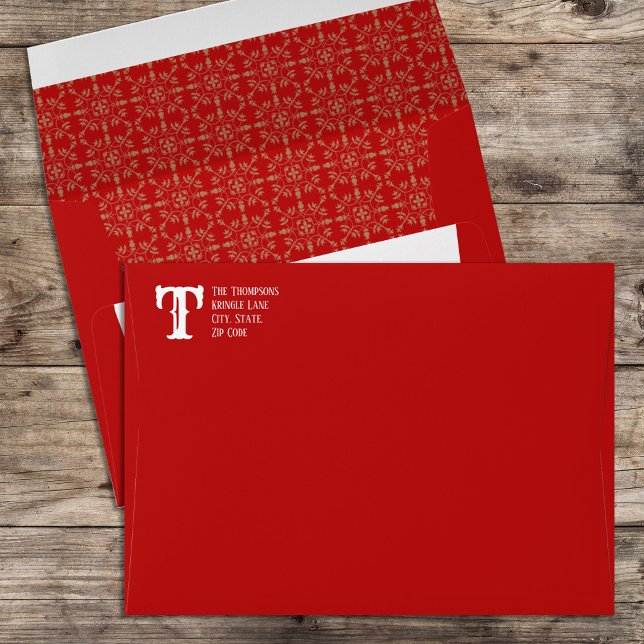 Simple Elegant Red Holiday Christmas 5x7 Envelope (Classic holiday red snowflake pattern envelope with return address on the front. )