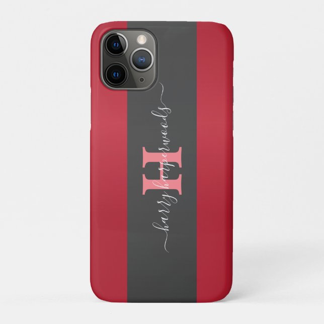 Simple Elegant Red Maroon Metal monogrammed Name Case-Mate iPhone Case (Back)