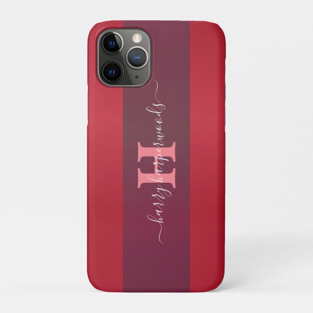 Simple Elegant Red Maroon Metal monogrammed Name Case-Mate iPhone Case (Back)