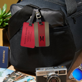 Simple Elegant Red Maroon Metal monogrammed Name Luggage Tag