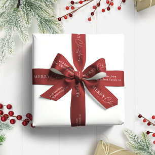 Simple Elegant Red Merry Christmas Family Name Satin Ribbon