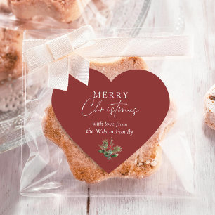 Simple Elegant Red Merry Christmas Greenery Heart Sticker