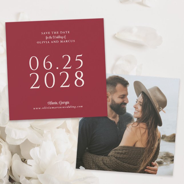 Simple Elegant Red Square Save the Date with Photo (Creator Uploaded)