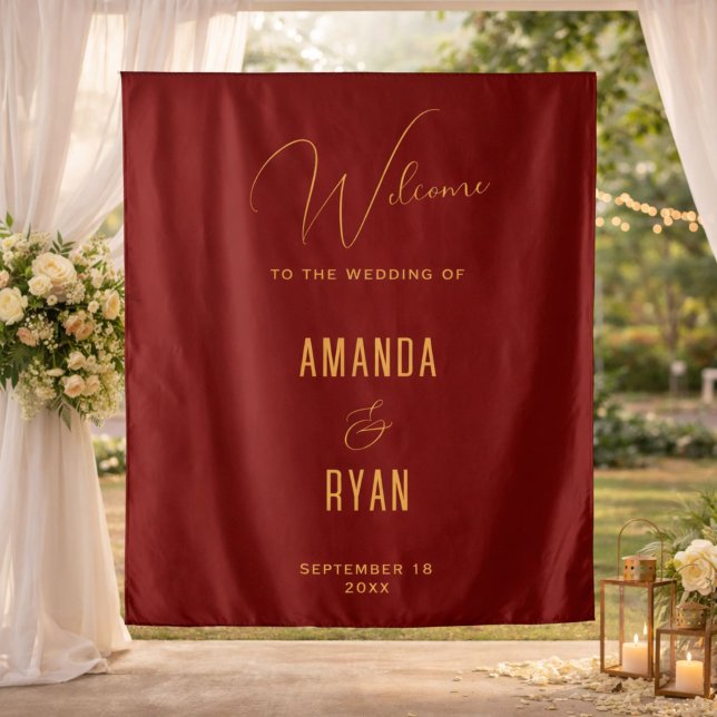 Simple Elegant Red Welcome Script Wedding Tapestry (Creator Uploaded)