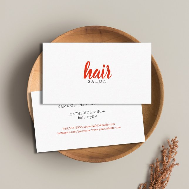 Simple Elegant Red White Hair Stylist Business Card (Creator Uploaded)