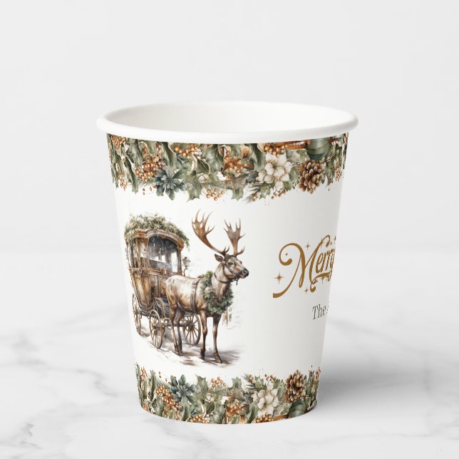 Simple elegant Reindeer carriage neutral earthy Paper Cups (Front)